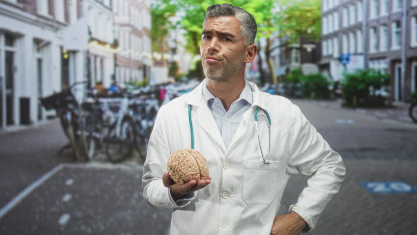 Doctor man holding brain model in hand on street with stethoscope visible, grey haired middle aged male; medical insight contemplation.