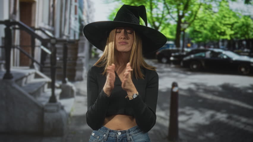 Woman wearing witch hat clapping hands on a tree lined city street with stoops and parked cars; mischievous playfulness.