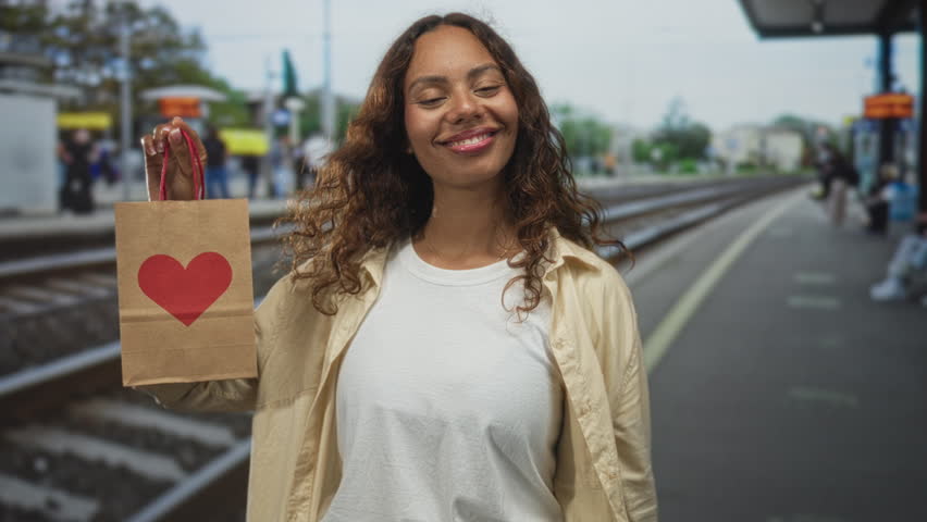 Woman, young african american, holding paper bag with red heart at train station platform, smiling and showing hand holding handle; joy love.