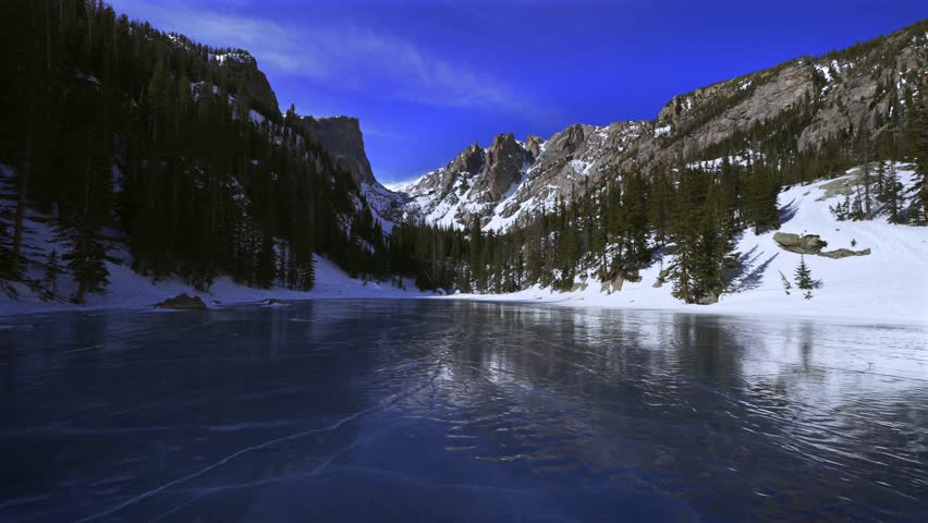 Dream Lake frozen ice Winter Rocky Mountain National Park RMNP Colorado sunny blue sky Hallett Peak Flattop Mountains Tyndall Glacier morning landscape high alpine Emerald Lake Bear Lake trail zoom in