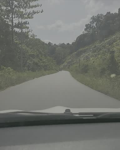 POV driving along a winding asphalt road through a lush tropical forest and green hills under a bright day sky, following a silver van through the scenic jungle landscape.