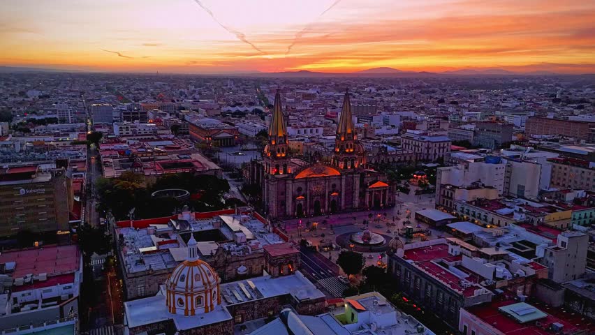 Guadalajara Cathedral timelapse sunset aerial view Jalisco Mexico