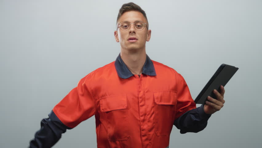 Young mechanic man in orange coveralls and round glasses salutes with right hand while holding a tablet, facing camera in a plain studio setting; confidence.