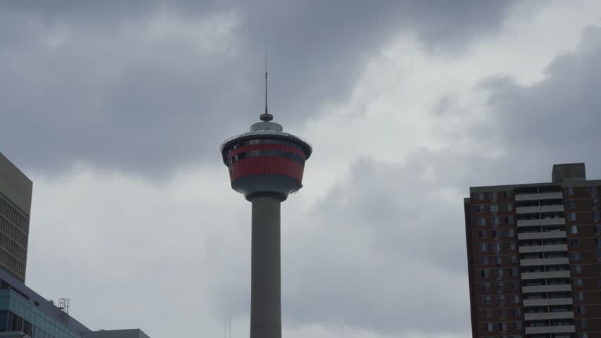 Calgary Tower observation deck landmark against cloudy sky in Alberta, Canada