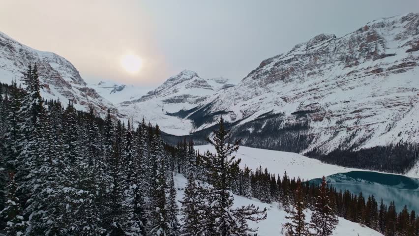 A breathtaking panoramic sweep over Peyto Lake in Banff National Park, Alberta, Canada.
