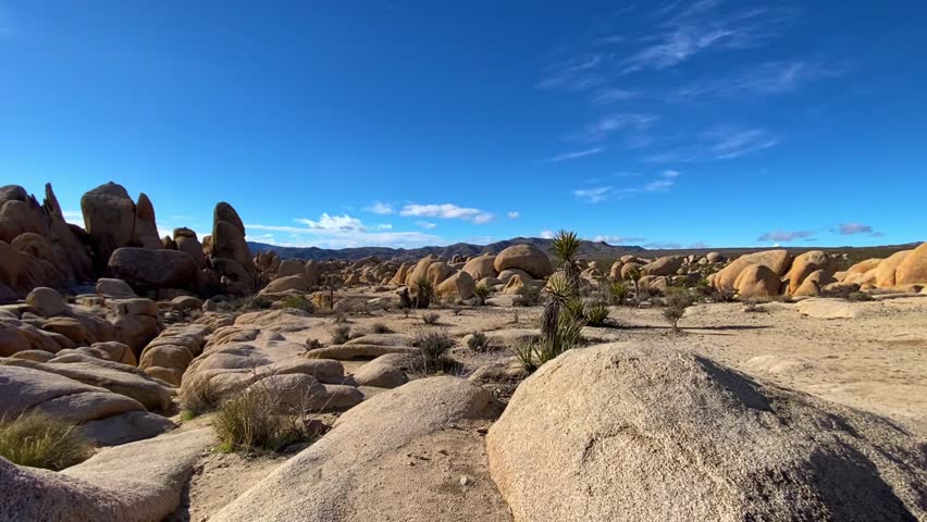 🏜️ Desert Wonders: Scenic Rock Formations in Joshua Tree. Smooth cinematic reveal of unique rounded rock formations and boulders in Joshua Tree National Park. Desert vegetation under a bright sun and blue sky. Atmosphere of unforgettable adventure.