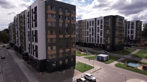 Drone Rising above Modern Housing Complex Moscow