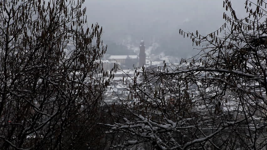 Winter landscape with snow on bushes and church far behind in the horizon /
