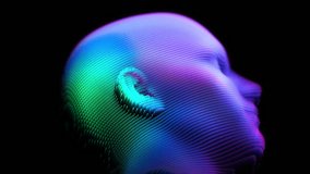3D animation of digital human face made of glowing particles on black background. Abstract concept of artificial intelligence (AI), neural networks or biometric identification. 4K slow motion, looped - Powered by Shutterstock - Get 15% off with code: PIKWIZARD15