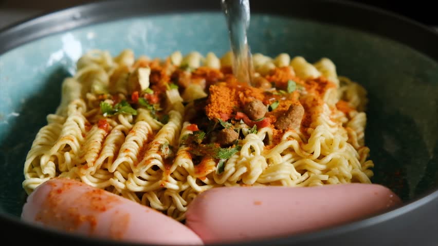 Stream of boiling water poured over instant noodles with red spicy seasoning and dried herbs. Hot water added to thin egg noodles with beef flavor. Halal instant noodles.