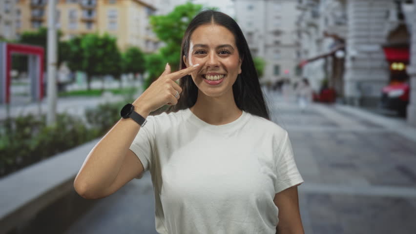 Woman points finger to nose on a busy city street wearing white t shirt and smartwatch, smiling directly at camera; playful.