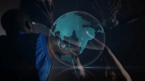 Animation of globe with network of connections and data processing over basketball players. Global sports, networks and data processing concept digitally generated video. - Powered by Shutterstock - Get 15% off with code: PIKWIZARD15
