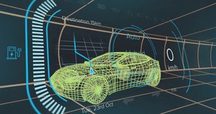 Starting simulation animating wireframe car accelerating, mode ring toggling visualizing navigation. Digital, futuristic, sleek, technological, visualization, interface, innovation - Powered by Shutterstock - Get 15% off with code: PIKWIZARD15