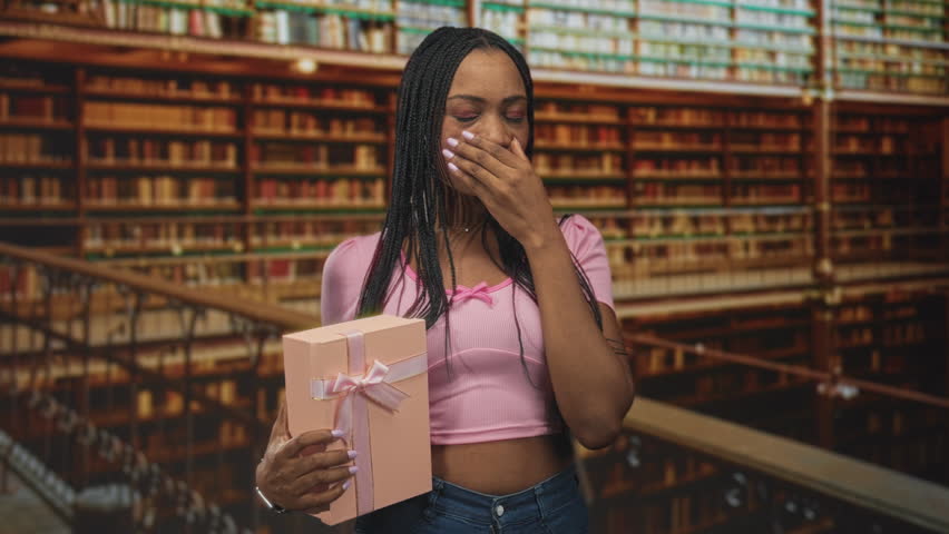 Black woman holding a ribboned gift box and hand on chest in a library building; serene contentment.