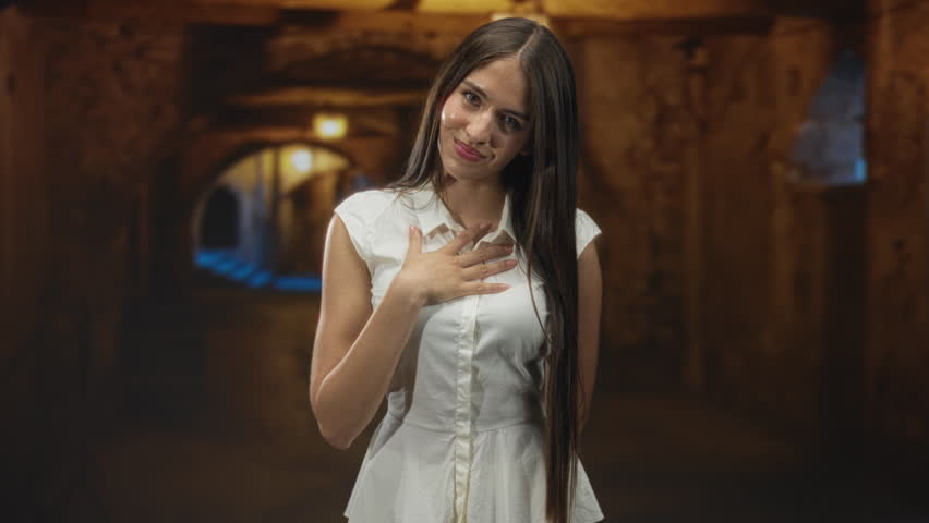Young woman in white dress places hand on chest with soft smile and long hair visible in an arched underground stone corridor; serenity reflection.