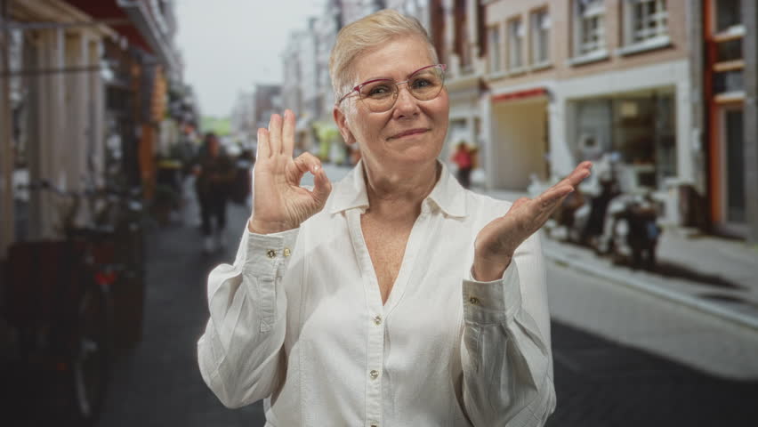 Woman middle aged making ok sign and pointing finger to open palm on street in city shopping area; approval.
