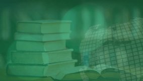 Animation of financial data processing with dice and globe over books. Global finances, computing and digital interface concept digitally generated video. - Powered by Shutterstock - Get 15% off with code: PIKWIZARD15