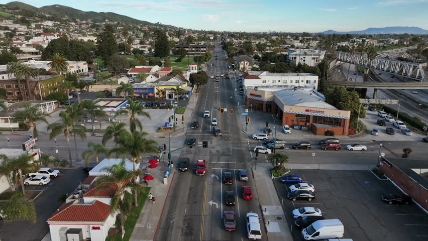 Ventura, California, USA - Aerial Drone View of Downtown Ventura Along Thompson Blvd Overlooking Plaza Park and the 101 Freeway on the SoCal