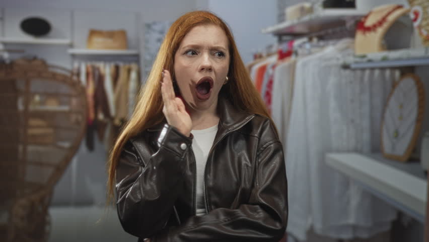 Redhead woman in leather jacket raises hand and shrugs among clothing racks in a boutique building; shopping dilemma confusion.