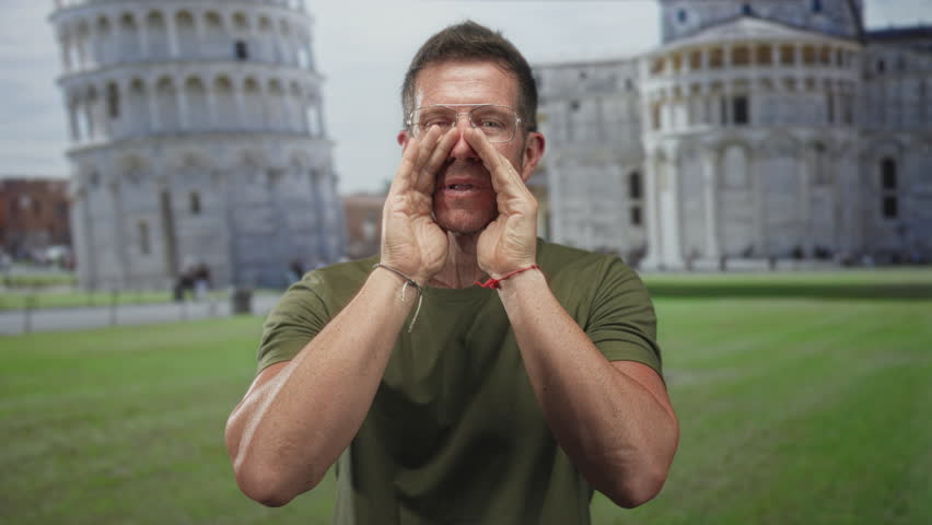 Man cupping hands to shout or call out at a building by the leaning tower of pisa outdoors; playful travel moment.