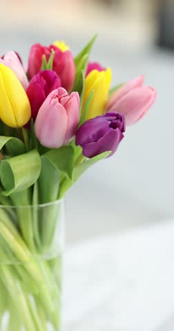 Bouquet of beautiful tulips in vase indoors, closeup. Camera moving left