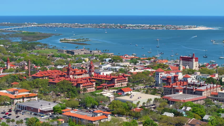 Historical American city architecture. St. Augustine, old city in Florida state. Streets and buildings from above.