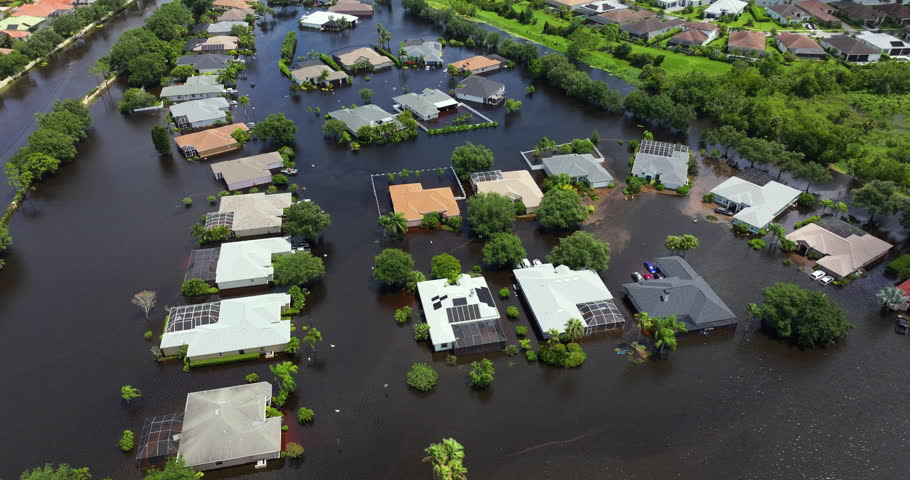 Hurricane flooded homes in residential community in Florida, USA. Aftermath of natural disaster