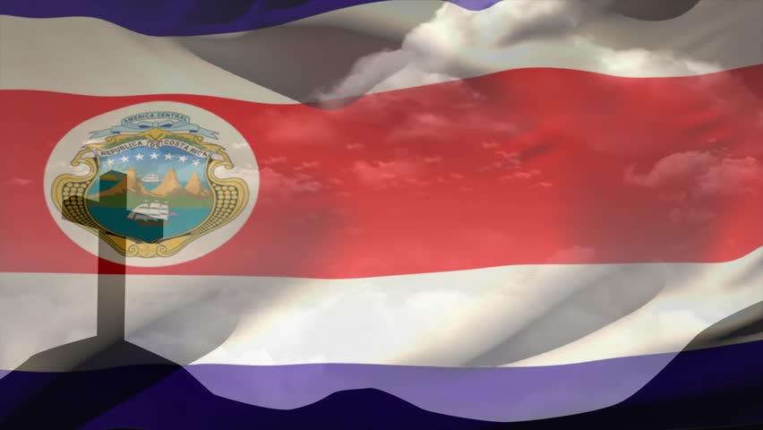 Gentle breeze sending flag rippling, folding, shifting emblem and stripe to show cloud reflections. Ensign, colorful, crest, fabric, texture, movement, pole