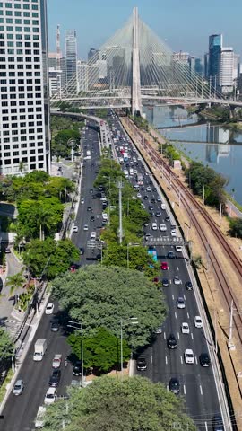 Sao Paulo Skyline in Brazil. Cityscape Bridge. Traffic Road. Cable Stayed Bridge landscape. Urban Landscape. Downtown Sao Paulo Brazil.