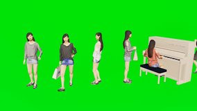 A group of creative women including one playing the piano isolated on a solid green screen. This high quality 3D animation showcases female characters enjoying music and artistic performance. - Powered by Shutterstock - Get 15% off with code: PIKWIZARD15