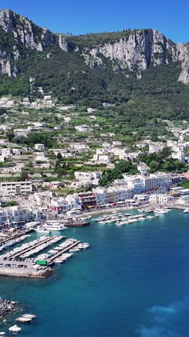 Capri Island At Naples In Campania Italy. Beach Landscape. Tourism Landmark. Capri Island At Naples In Campania Italy. Gulf Of Naples Skyline. Coastal Cityscape. Mediterranean Sea.