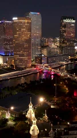 Tampa Skyline At Tampa In Florida United States. Corporate Building Landscape. Illuminated Skyscraper. Tampa Skyline At Florida United States. Traffic Cityscape. Downtown Scenery.