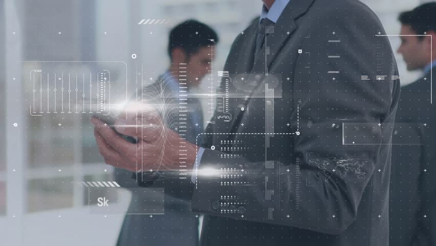 Animation of statistics and financial data processing over businessman using smartphone. Global business, finance, computing and data processing concept digitally generated video.