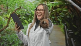 Young hispanic woman holding tablet points finger to camera on a forest boardwalk wearing white lab coat and glasses; confidence teaching learning. - Powered by Shutterstock - Get 15% off with code: PIKWIZARD15