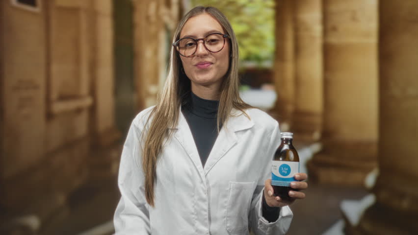 Young woman in lab coat points finger at camera while holding a medicine bottle inside a stone building corridor; confidence.