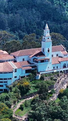Monserrate Sanctuary At Bogota In Cundinamarca Colombia. Monserrate Church Landscape. Religion Background. Bogota At Cundinamarca Colombia. Church Aerial View. Pilgrimage Scenery.