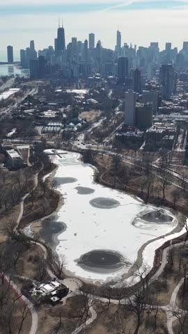 Chicago Skyline At Chicago In Illinois United States. Downtown Cityscape. Lincoln Park Landscape. Chicago Skyline At Illinois United States. Metropolitan District. Winter Landscape Scenery.