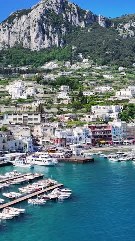 Island Of Capri At Naples In Campania Italy. Coastal City. Waterfront Landscape. Island Of Capri At Naples In Campania Italy. Beach Scenery. Medieval Buildings. Capri Skyline.