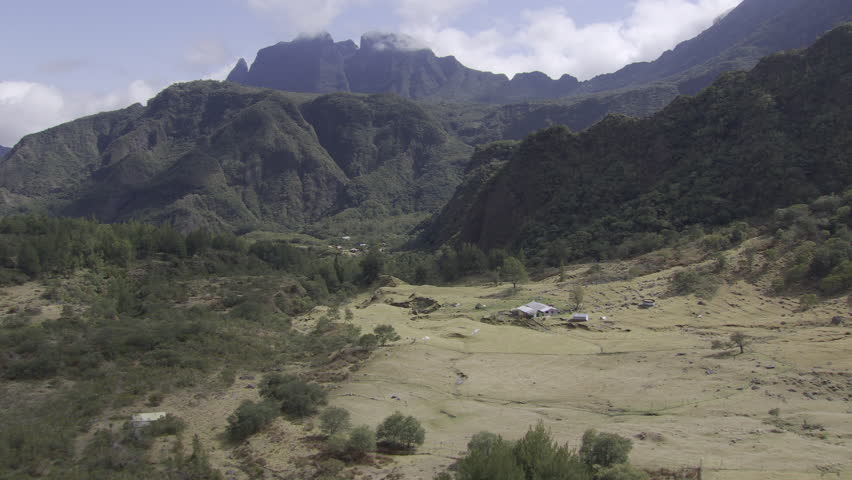 cinematic flight over green forest, mountains and prehistoric forest