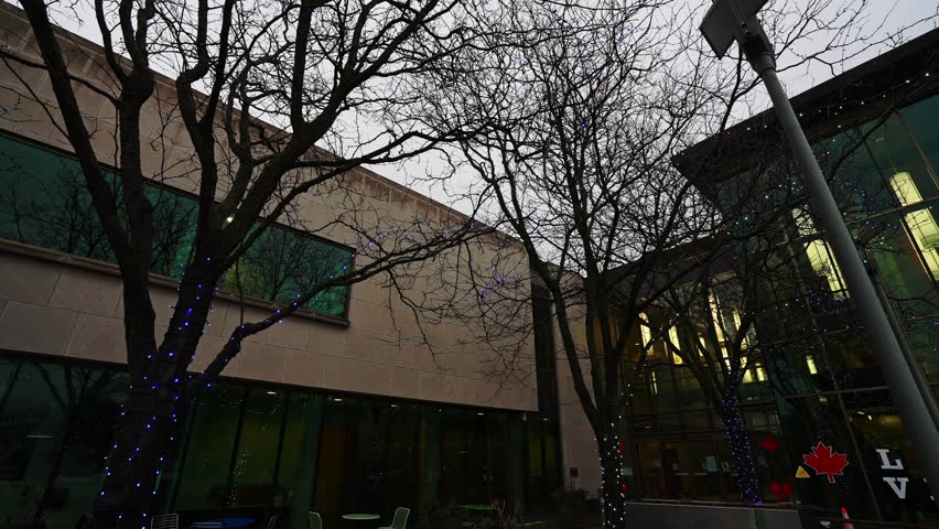 Whitby Public Library Exterior During Christmas, Panning Shot Low Angle Perspective, Ontario, Canada.