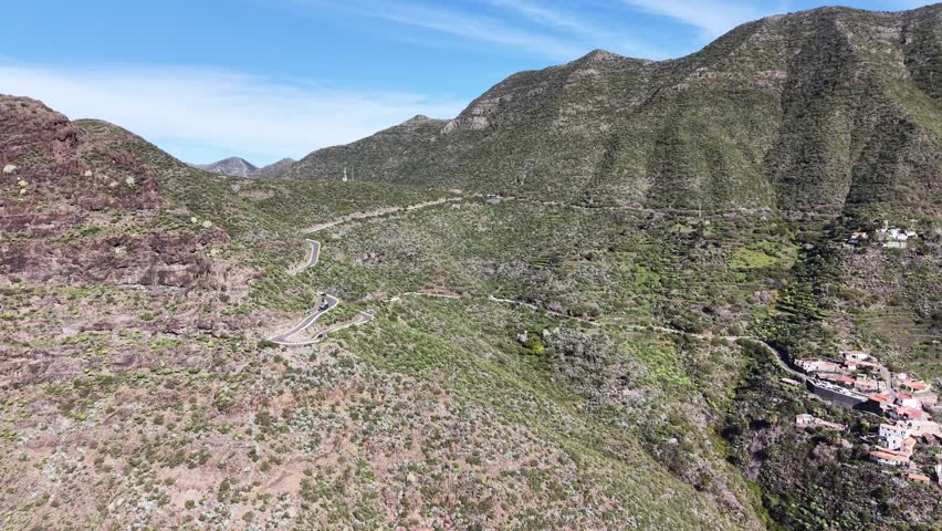 Twisting Mountain road Tenerife Spain tight hairpin bends drone,aerial