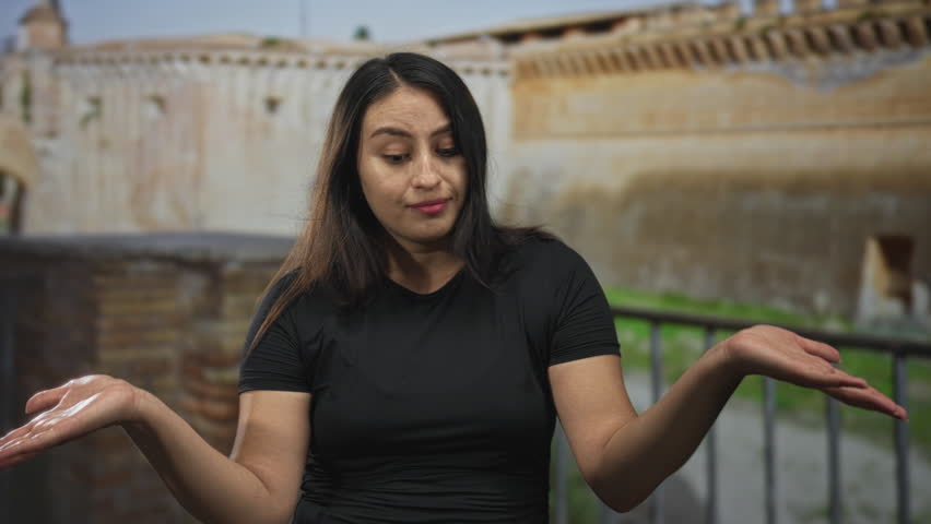 Woman shrugging with palms up, wearing black t shirt on old town street by stone building and iron railing; uncertainty questioning.