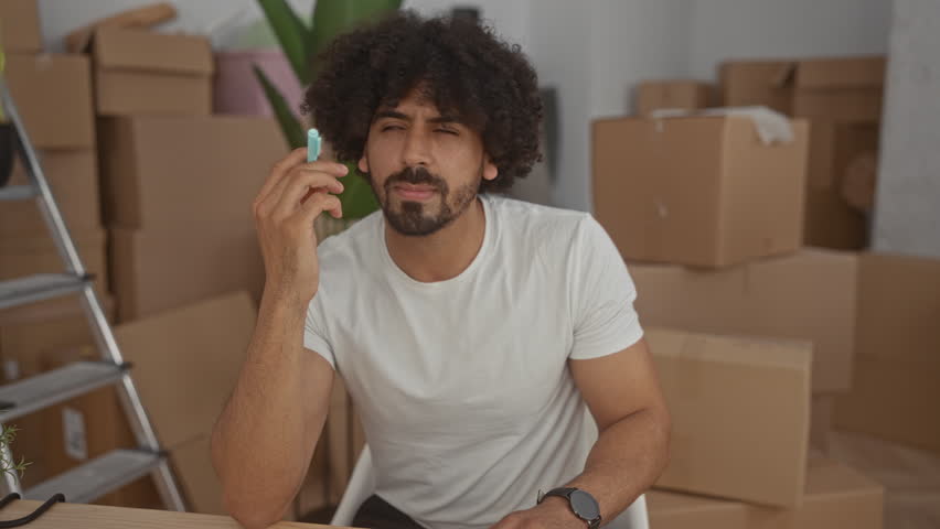 Man hand on chin pensive pose in building filled with cardboard moving boxes; moving planning uncertainty.