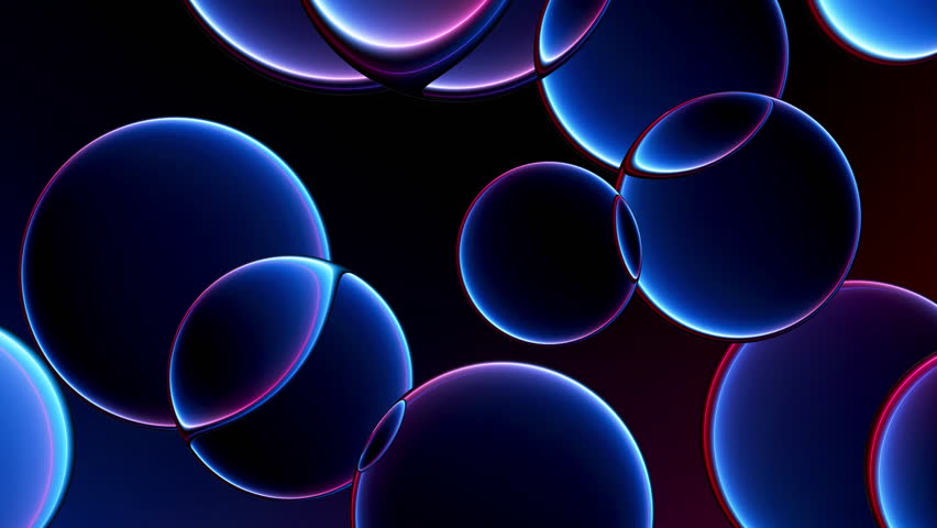 Futuristic glowing neon glass bubbles floating in dark space. Smooth abstract lenses overlapping and refracting vibrant neon light. Dynamic composition of glossy glass lenses for technology branding visuals, digital innovation concepts, fintech advertising and startup presentations. Minimal vibrant abstract scene of drifting glass spheres, glowing edges and fluid overlapping motion. High contrast neon glass animation with floating translucent orbs. Seamless loop. 4K video