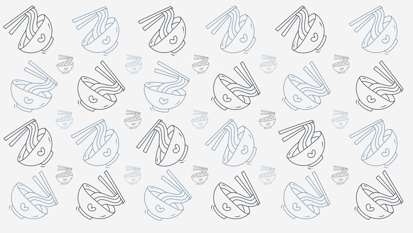 Food doodle pattern of repeated noodles  chopsticks. Whimsical style suitable for menu design, packaging, and foodrelated projects.