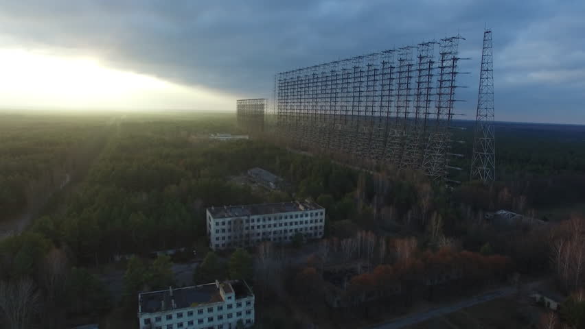 Aerial view of the massive Duga radar array in the Chernobyl Exclusion Zone, Ukraine; a relic of the Cold War era.