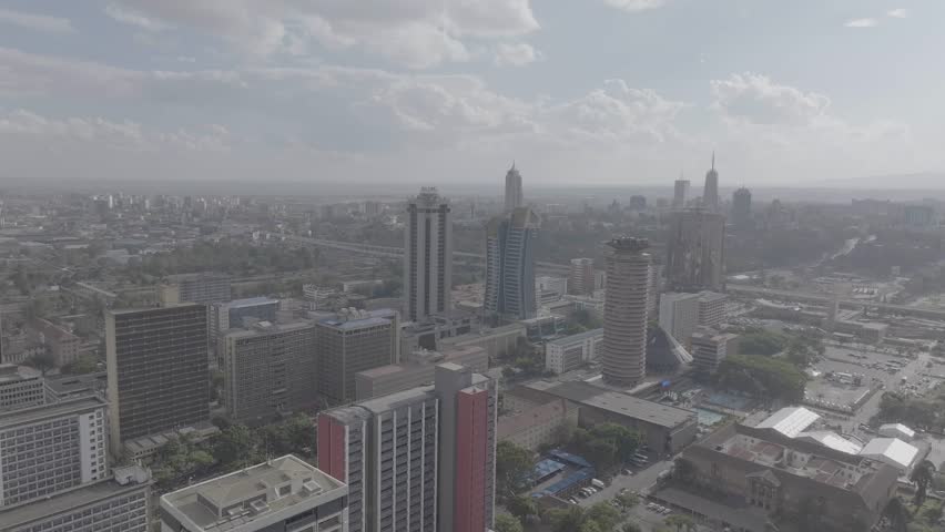 Aerial drone shot of KICC Kenya International Conference Center in Nairobi skline