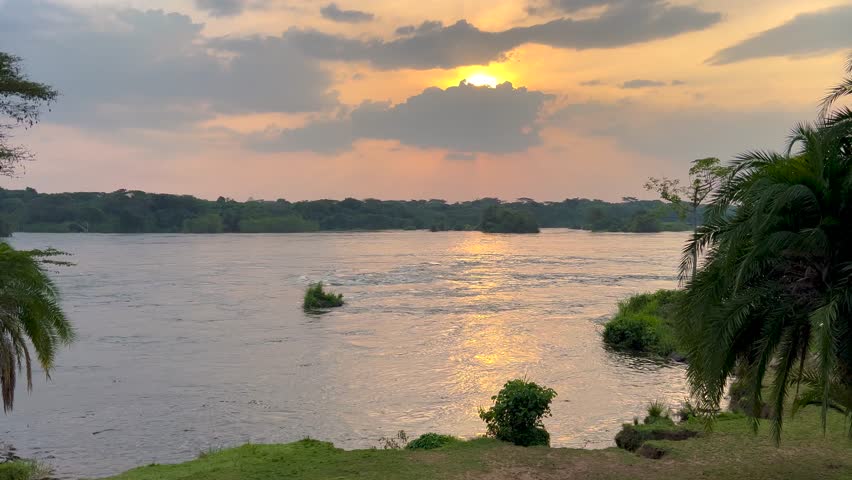 Golden sunset light reflects on the River Nile in Murchison Falls National Park, Uganda, with tropical riverbank vegetation and calm flowing water under dramatic clouds, static shot.