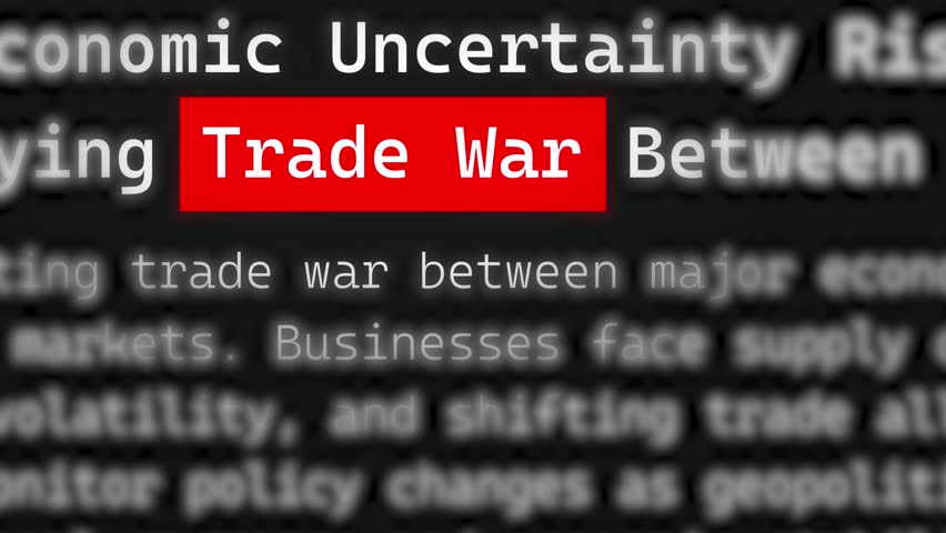 Global Trade War Impact on Economic Growth, Supply Chains, Financial Markets, Tariffs Policies, and International Business Stability. Highlight Trade War Word in a Title on Dark. 4K 2D Loop Video