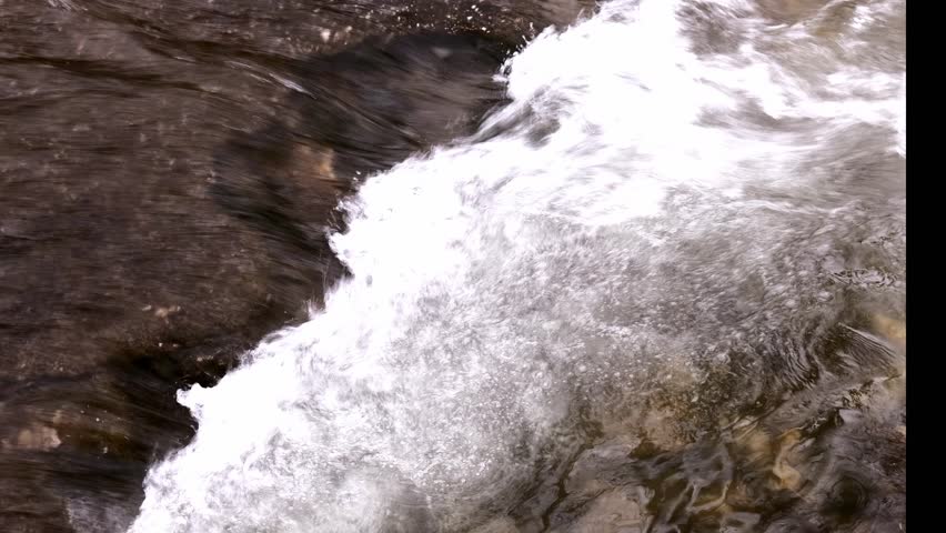 Dramatic footage of fast-flowing river water churning into white foam and rapids, capturing the raw energy of nature.